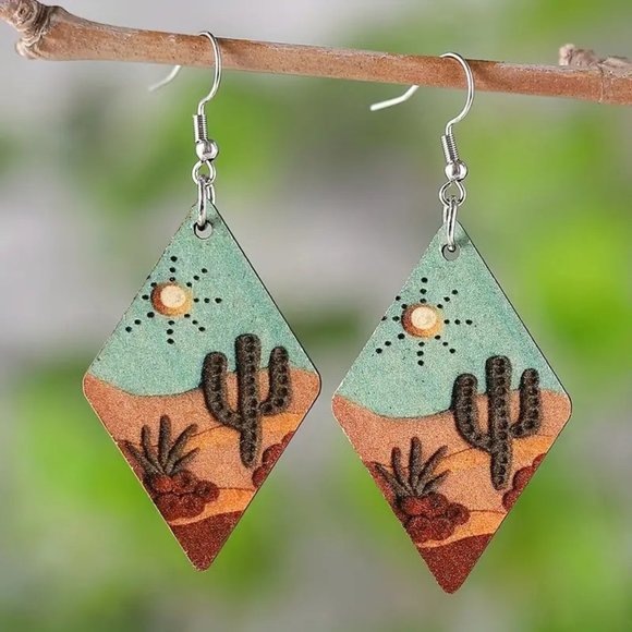 southwest earrings Jewelry - Cactus Earrings Southwest Wood Dangle Sun Desert Boho Hippie Diamond Cowboy NEW